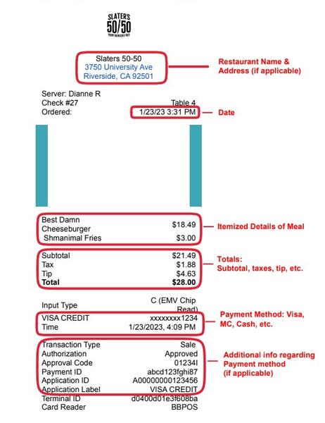 Itemized Meal Receipt Example