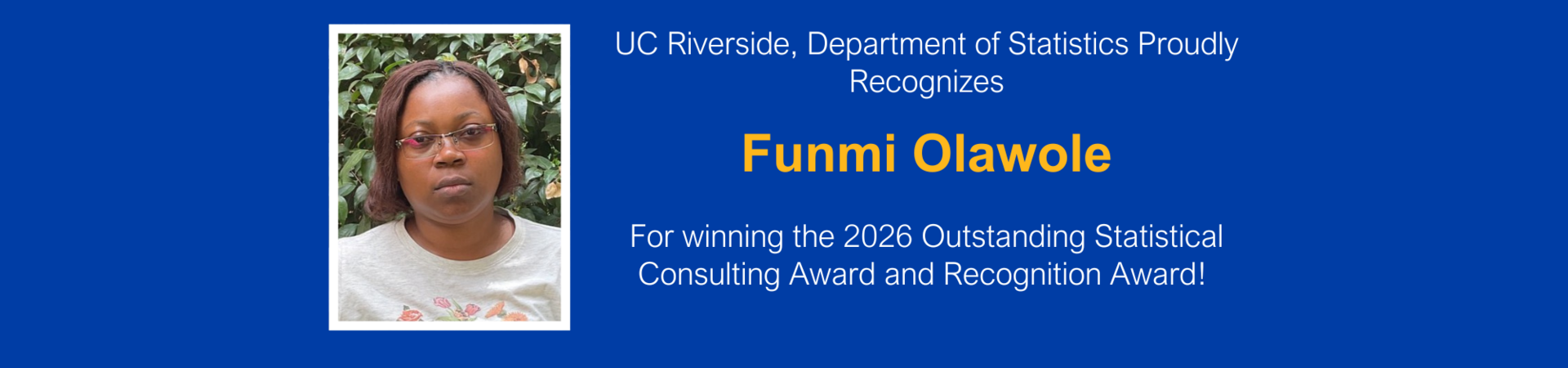 Funmi Olawole is awared the 2026 Outstanding Statistical Consulting Award and Recognition Award