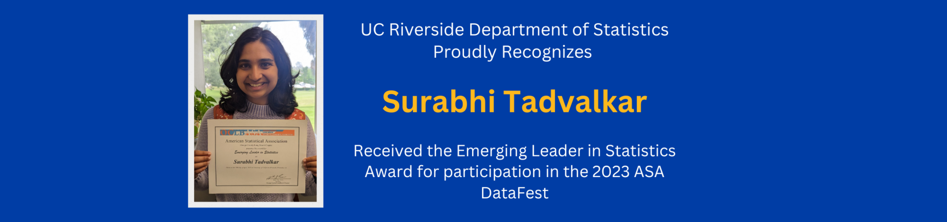 Surabhi Tadvalkar awarded the Emerging Leader in Statistics